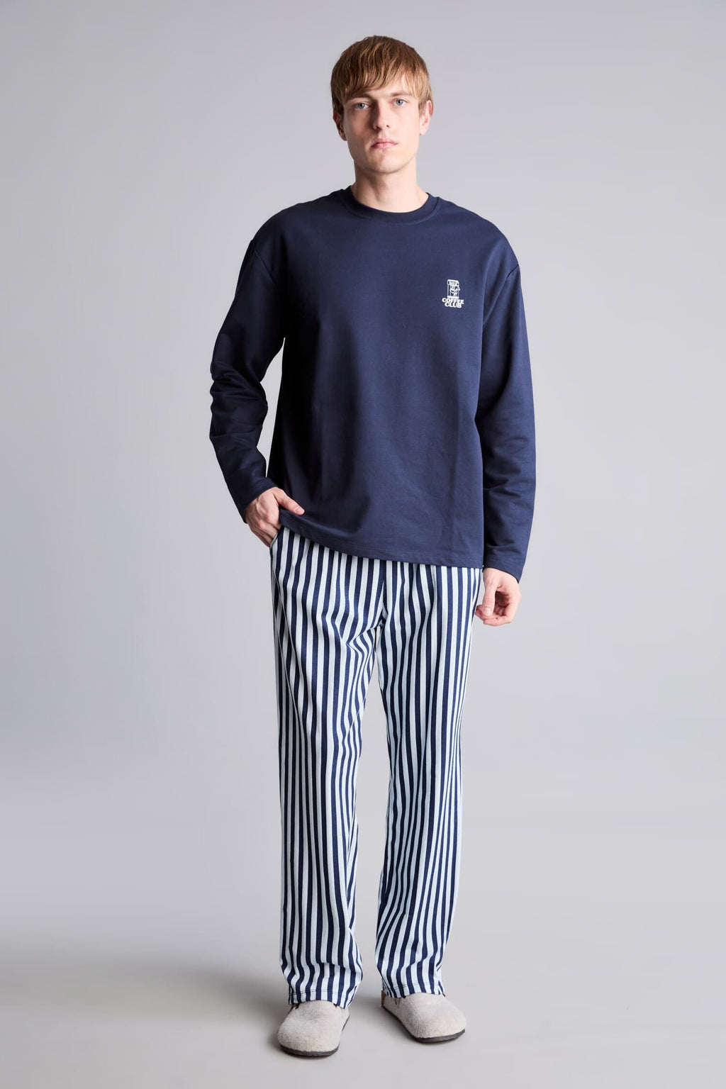 100% Cotton Regular Fit Crew Neck Long Sleeve Printed Top Striped Bottom Pajama Set
