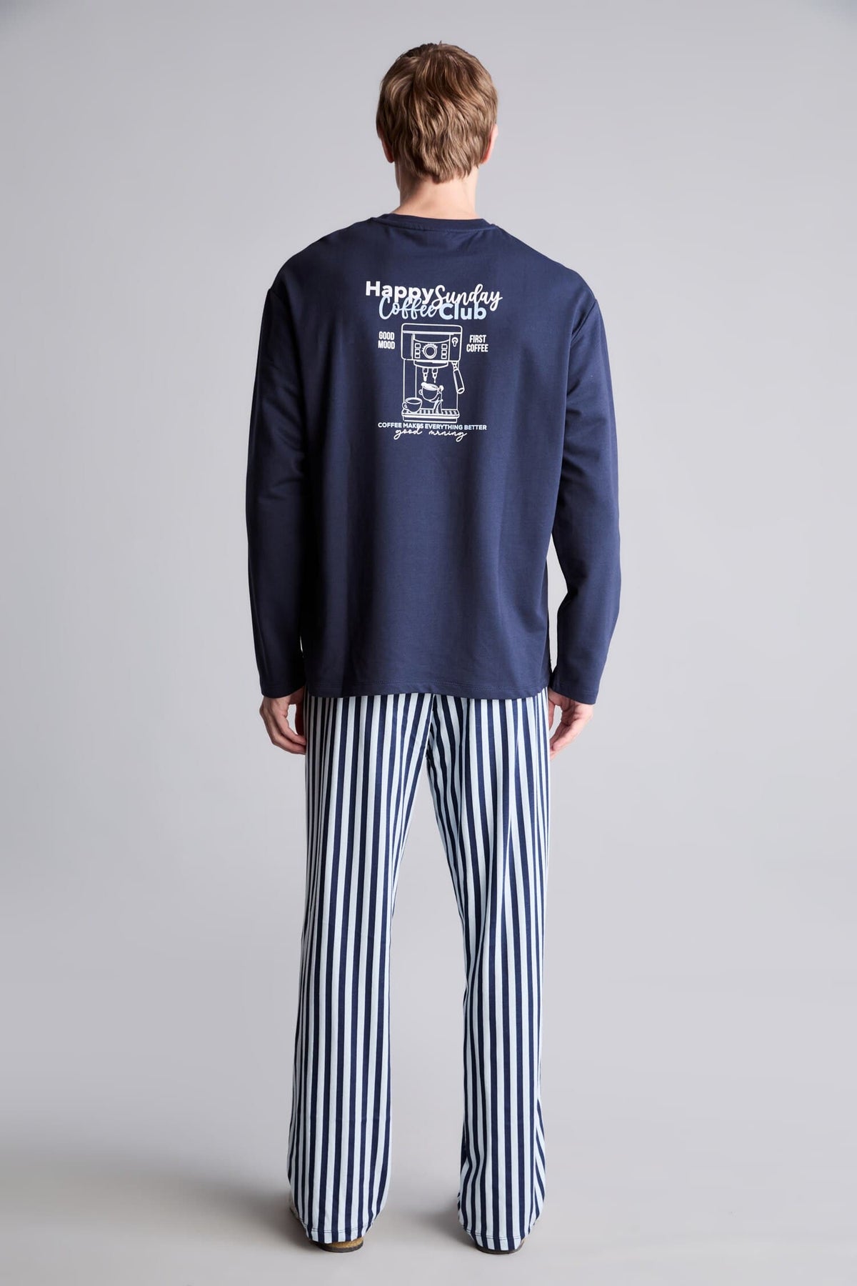 100% Cotton Regular Fit Crew Neck Long Sleeve Printed Top Striped Bottom Pajama Set