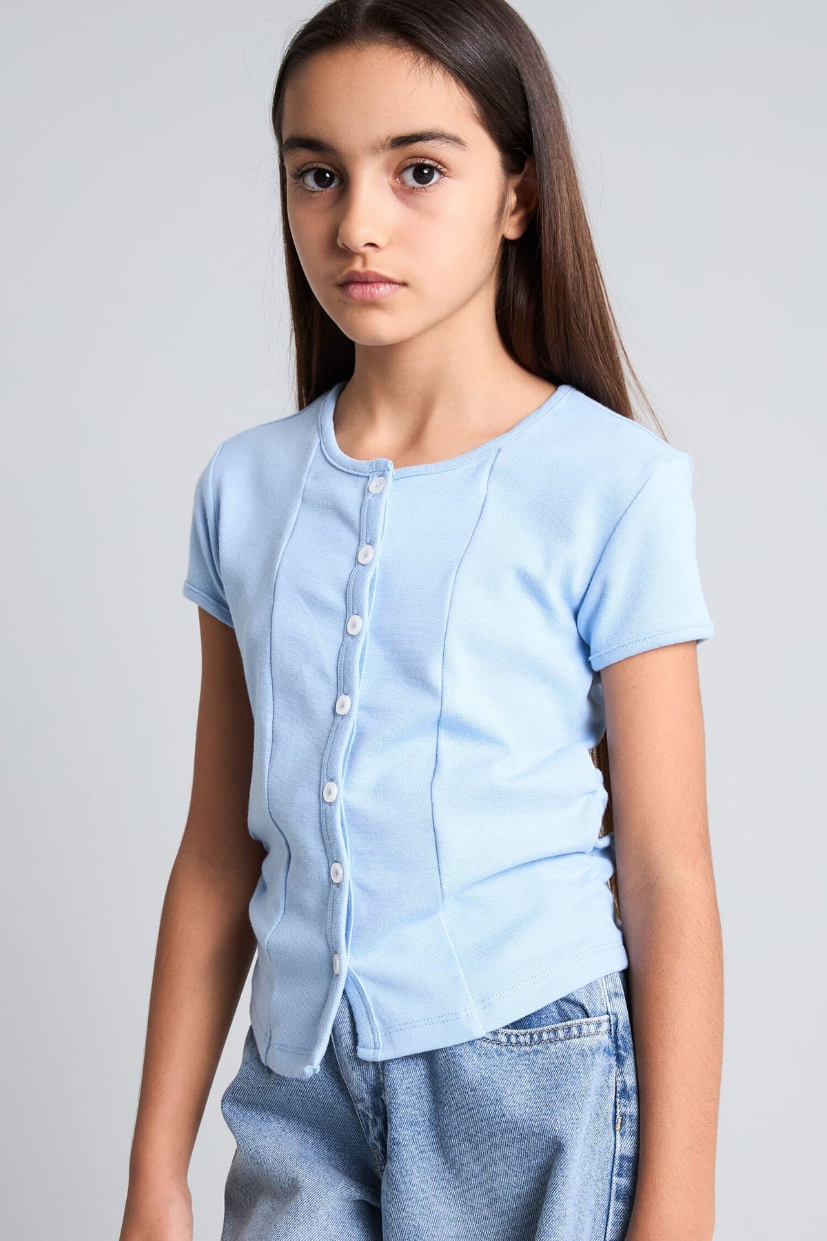 Cotton Crew Neck Buttoned Rib Short Sleeve T-Shirt Girl