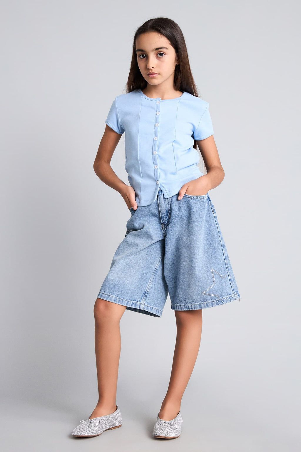 Cotton Crew Neck Buttoned Rib Short Sleeve T-Shirt Girl