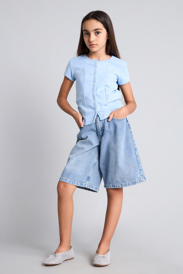 Cotton Crew Neck Buttoned Rib Short Sleeve T-Shirt Girl