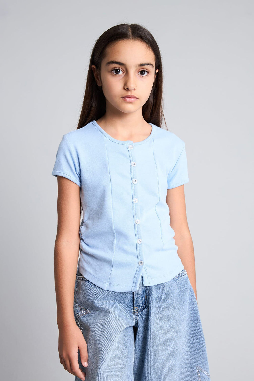 Cotton Crew Neck Buttoned Rib Short Sleeve T-Shirt Girl
