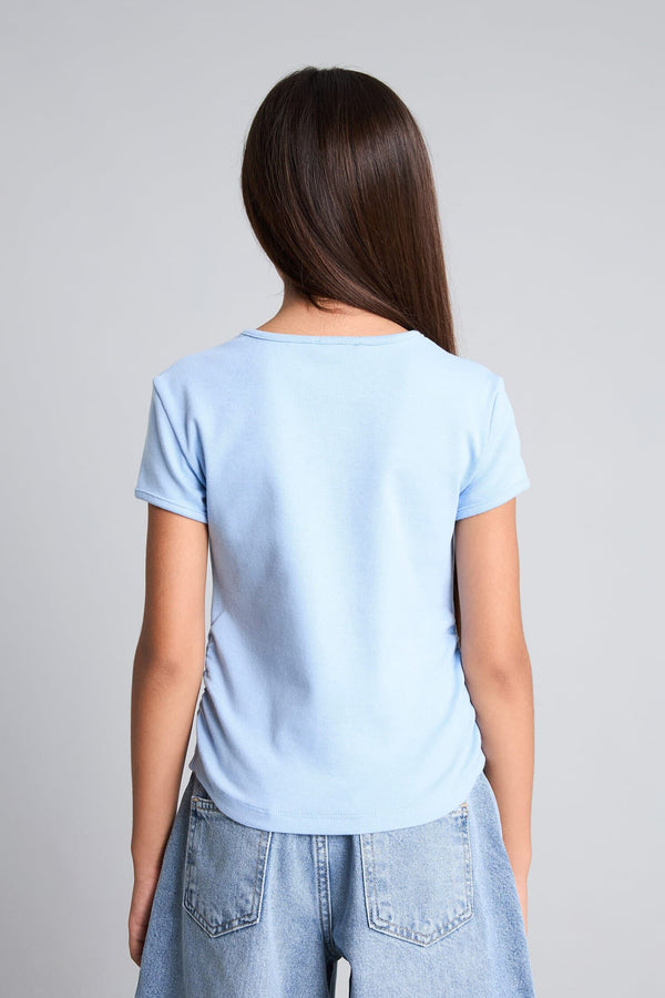 Cotton Crew Neck Buttoned Rib Short Sleeve T-Shirt Girl