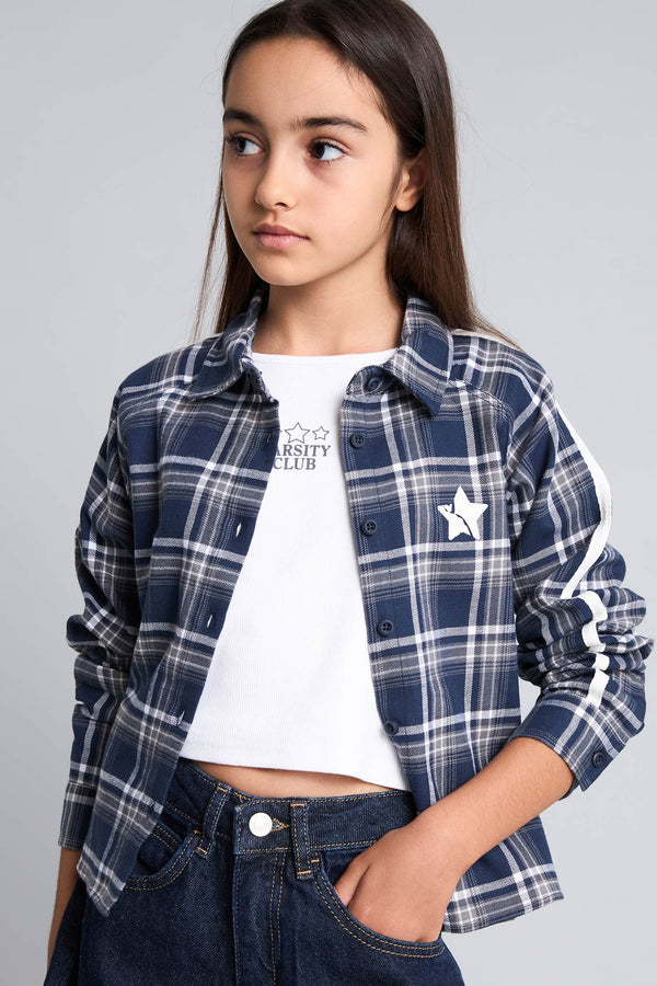 100% Cotton Regular Fit Check Back Printed Flannel Long Sleeve Shirt For Girls