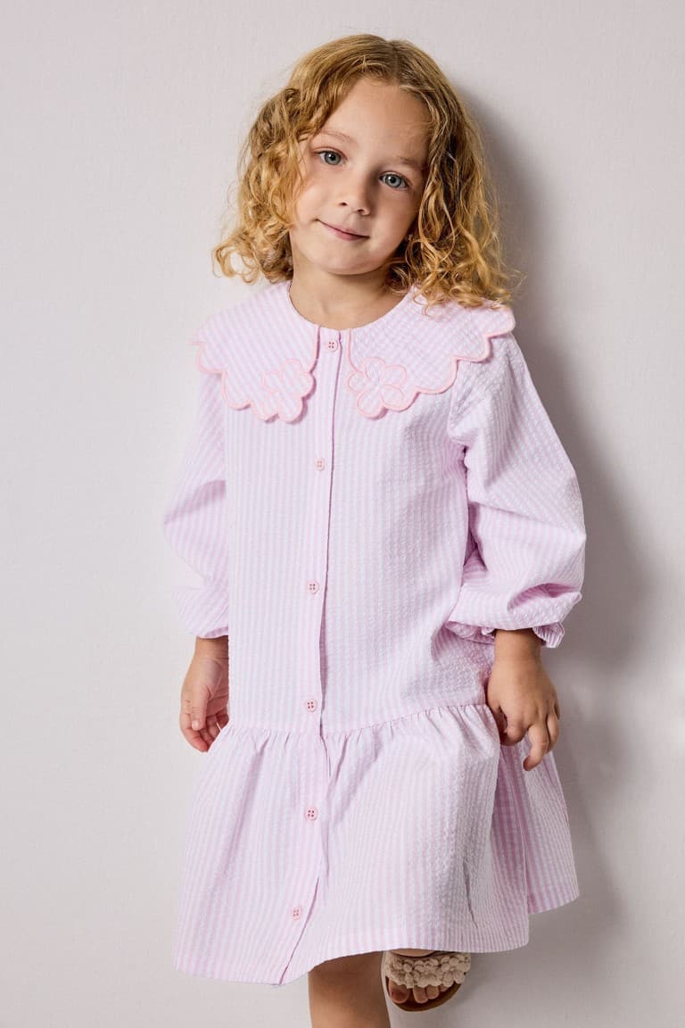 Striped Long Sleeve Seersucker Textured Pink Dress Baby Girl