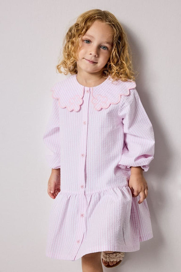 Striped Long Sleeve Seersucker Textured Pink Dress Baby Girl