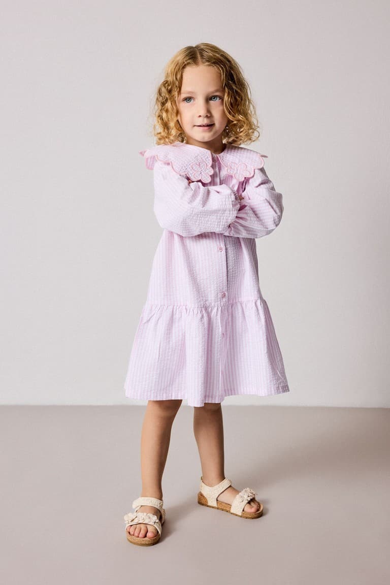 Striped Long Sleeve Seersucker Textured Pink Dress Baby Girl