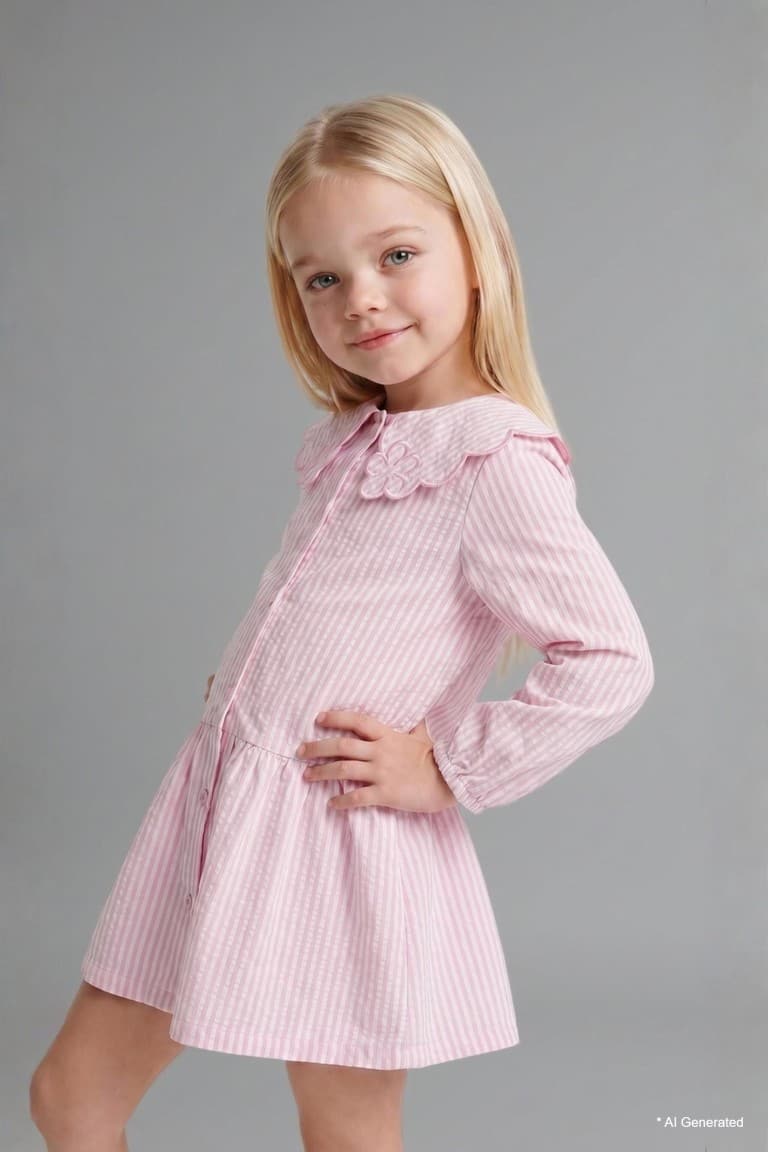 Striped Long Sleeve Seersucker Textured Pink Dress Baby Girl