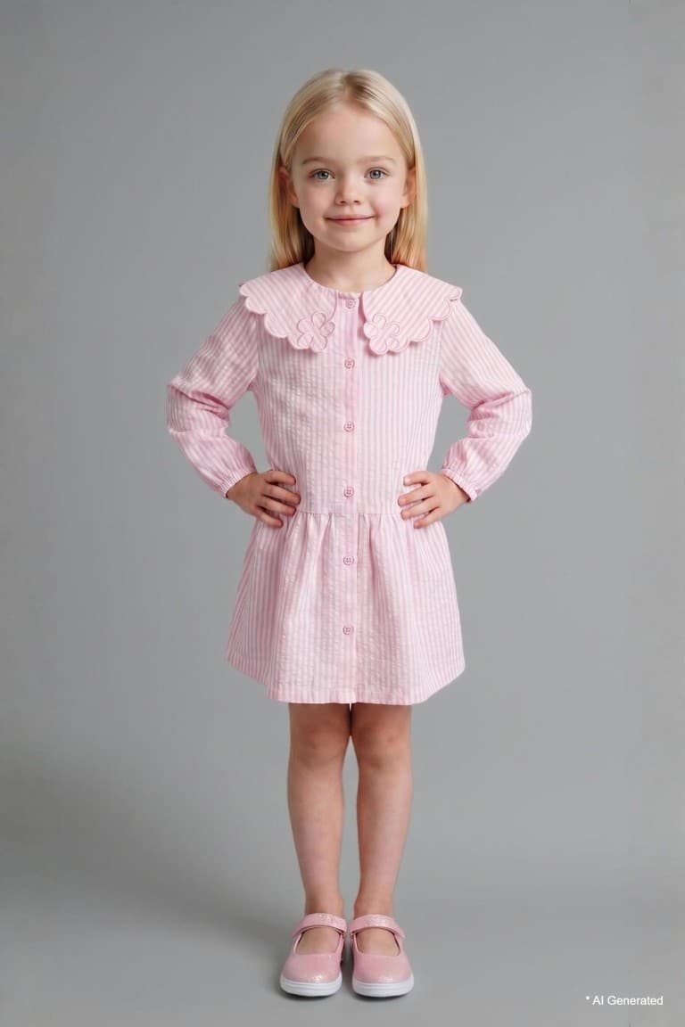 Striped Long Sleeve Seersucker Textured Pink Dress Baby Girl