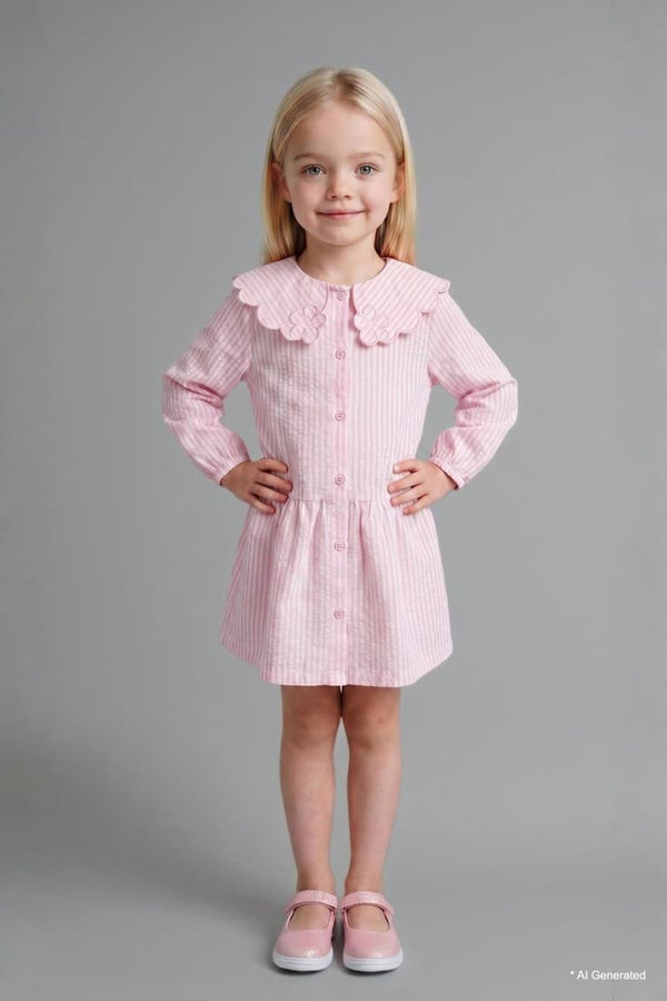 Striped Long Sleeve Seersucker Textured Pink Dress Baby Girl