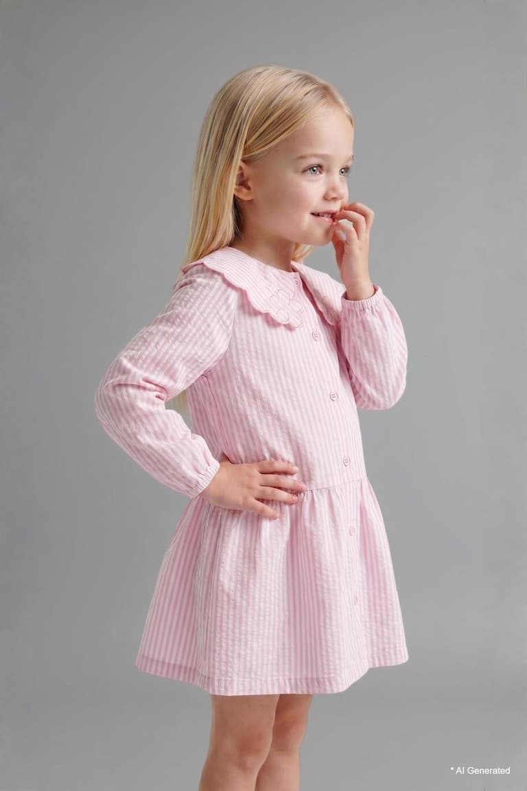 Striped Long Sleeve Seersucker Textured Pink Dress Baby Girl