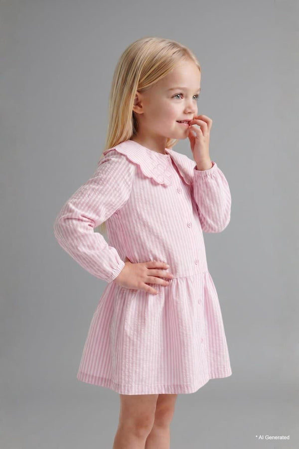 Striped Long Sleeve Seersucker Textured Pink Dress Baby Girl
