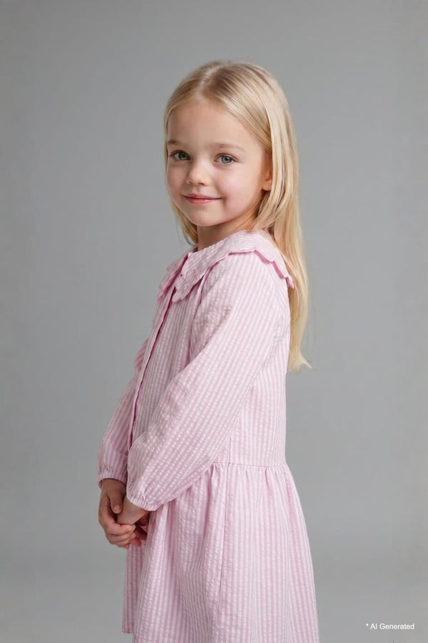 Striped Long Sleeve Seersucker Textured Pink Dress Baby Girl