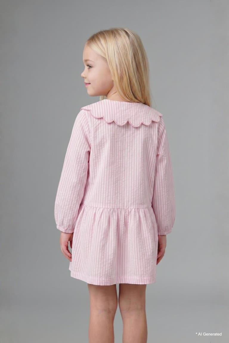 Striped Long Sleeve Seersucker Textured Pink Dress Baby Girl
