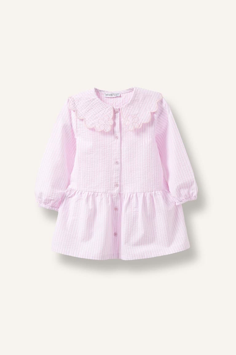 Striped Long Sleeve Seersucker Textured Pink Dress Baby Girl