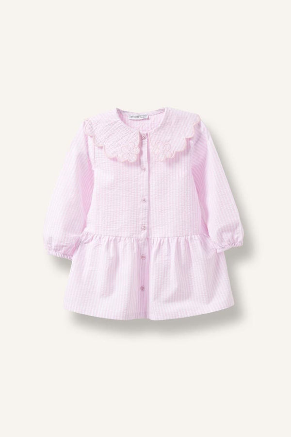 Striped Long Sleeve Seersucker Textured Pink Dress Baby Girl