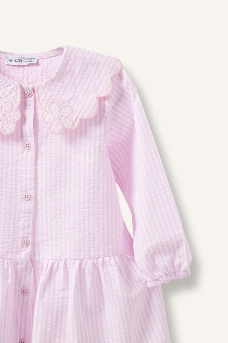 Striped Long Sleeve Seersucker Textured Pink Dress Baby Girl