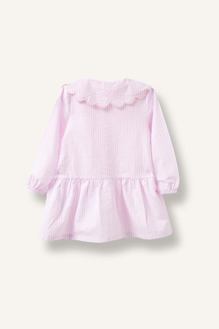 Striped Long Sleeve Seersucker Textured Pink Dress Baby Girl