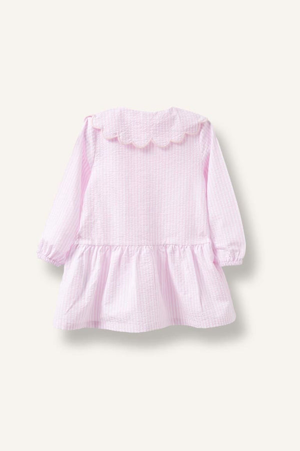 Striped Long Sleeve Seersucker Textured Pink Dress Baby Girl