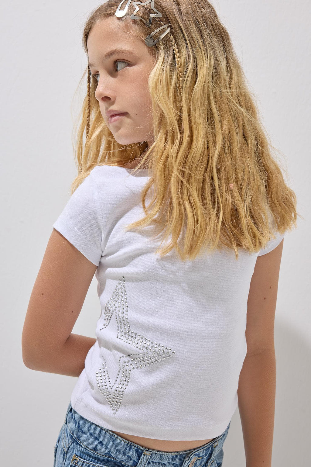 Boat Neck Cotton Star Patterned Rib Short Sleeve White T-Shirt Girl