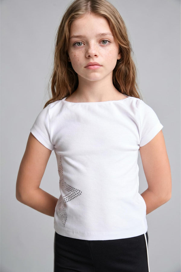 Boat Neck Cotton Star Patterned Rib Short Sleeve White T-Shirt Girl