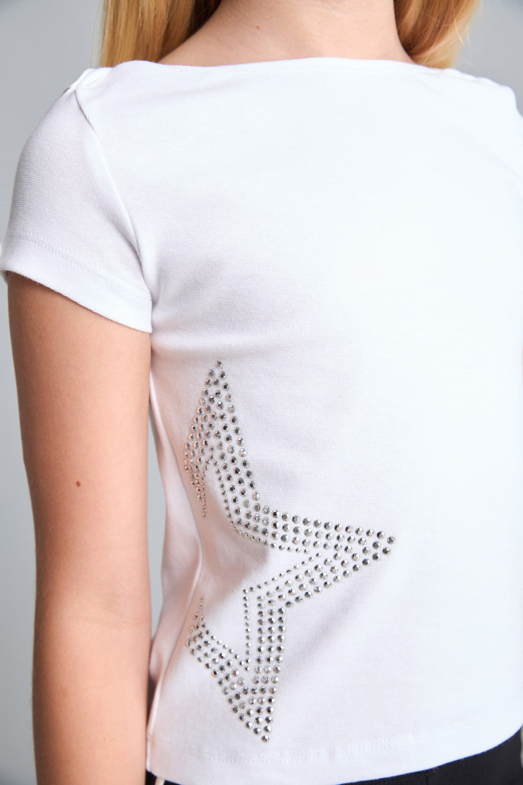 Boat Neck Cotton Star Patterned Rib Short Sleeve White T-Shirt Girl