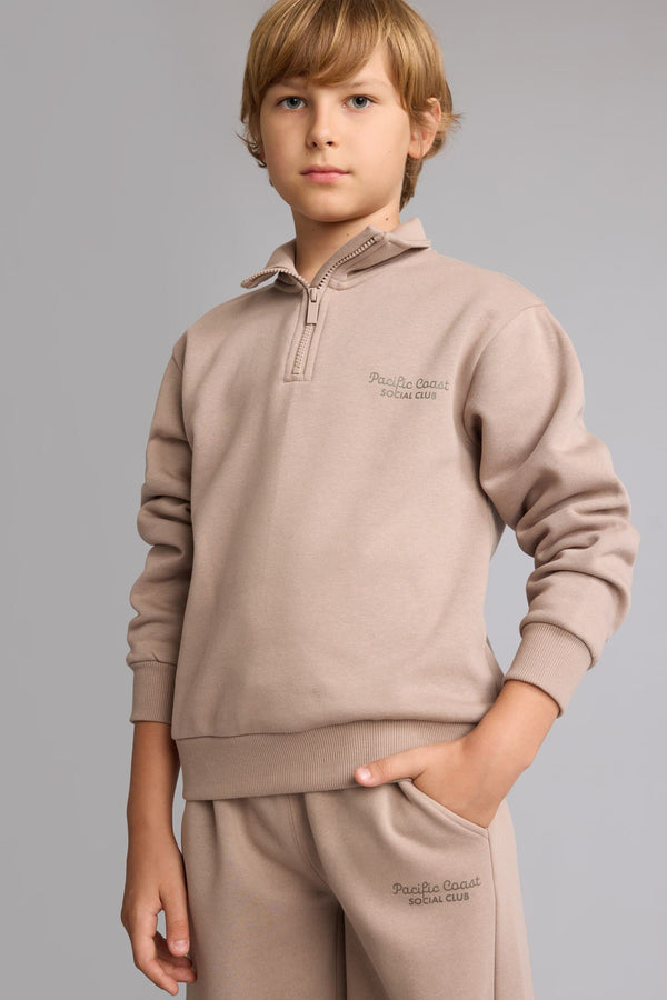 Regular Fit Half Zipper Stand-Up Collar Soft Feather Embroidered Sweatshirt Boys