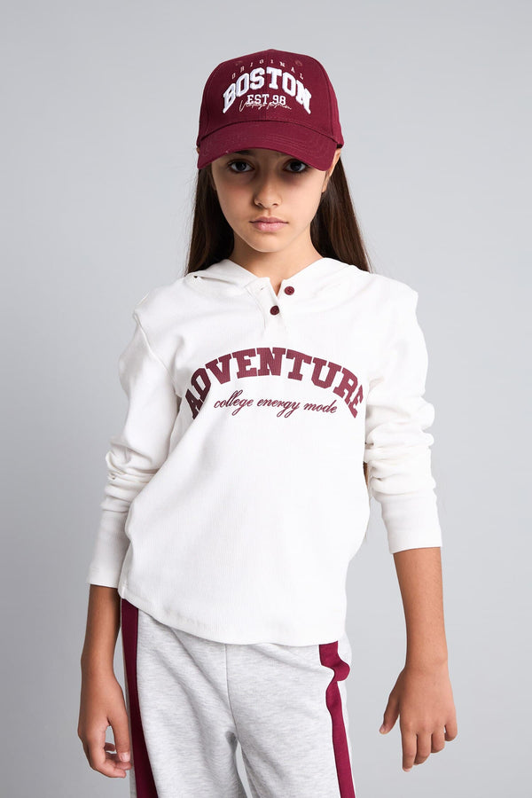 Cotton Hooded Printed Rib Long Sleeve T-Shirt Girls