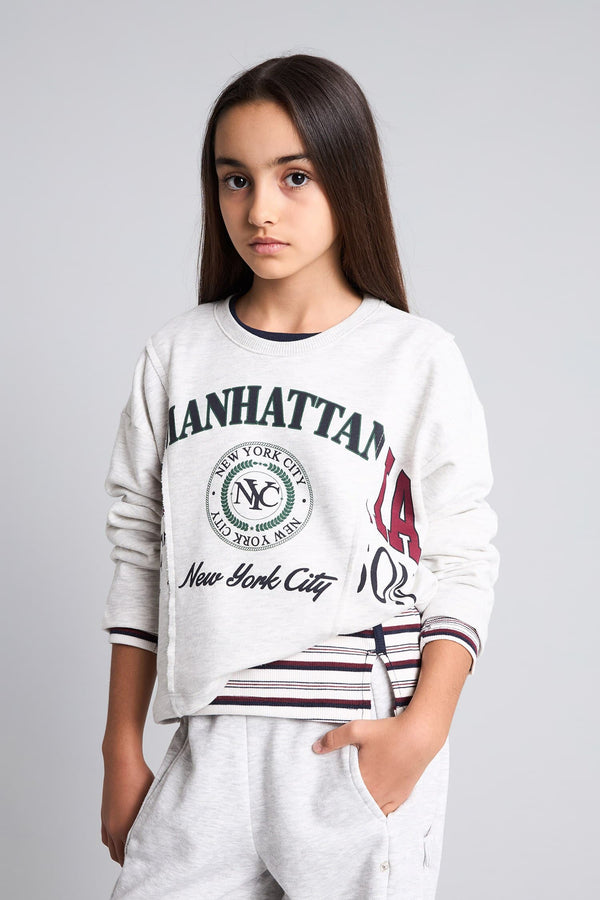Cotton Relax Fit Short Sleeve Crew Neck Printed Thick Sweatshirt Girls