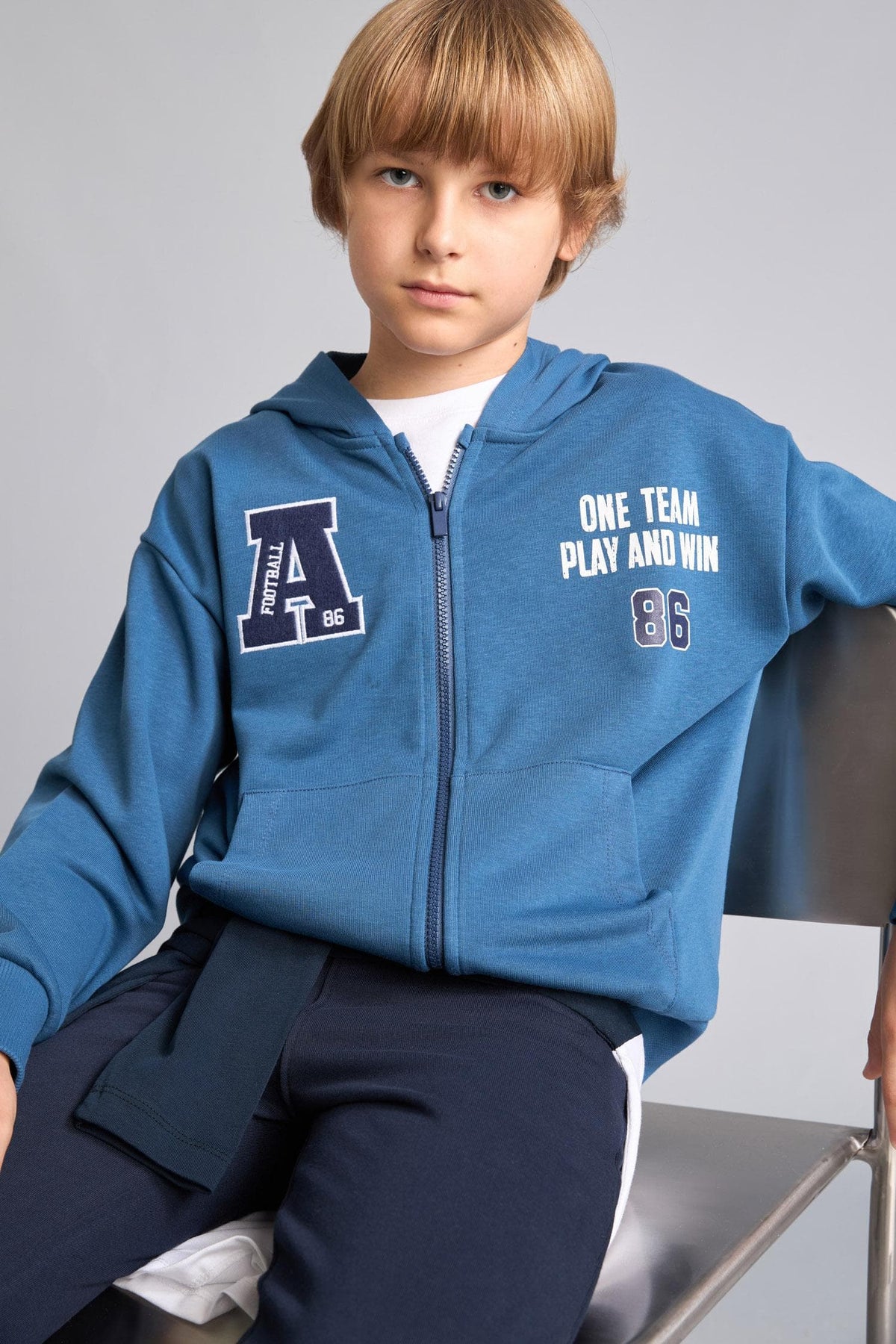 Printed Hooded Indigo Zippered Cardigan Boy