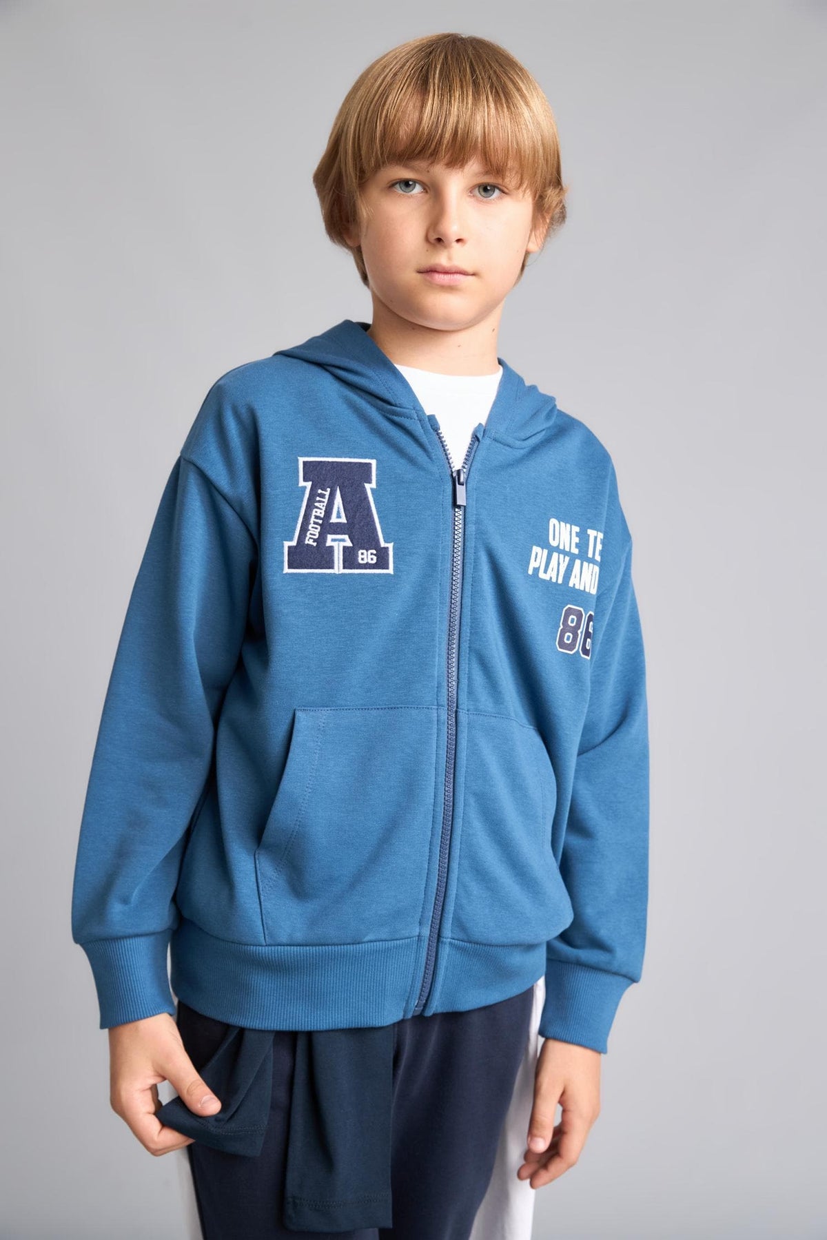 Printed Hooded Indigo Zippered Cardigan Boy