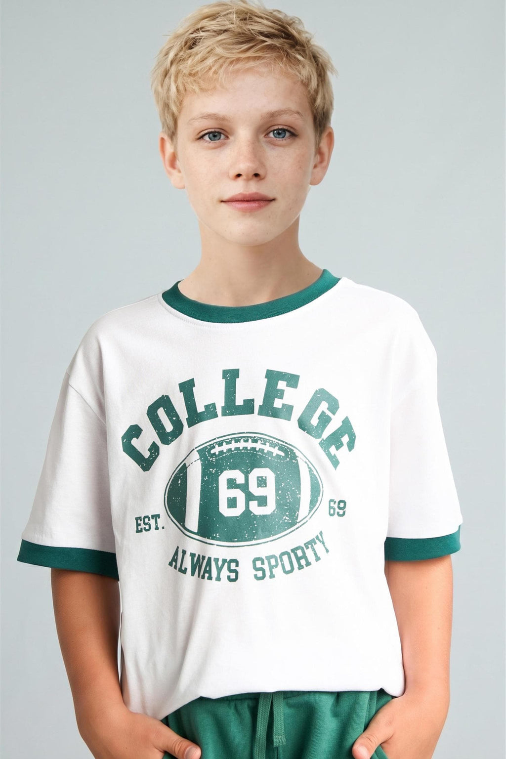 100% Cotton New Regular Fit Crew Neck Printed Short Sleeve White T-Shirt Boy