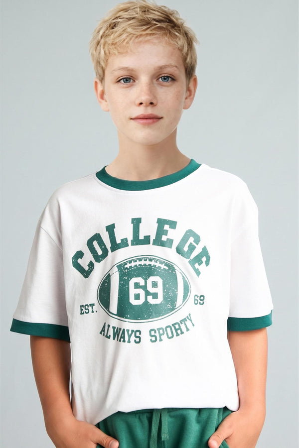 100% Cotton New Regular Fit Crew Neck Printed Short Sleeve White T-Shirt Boy