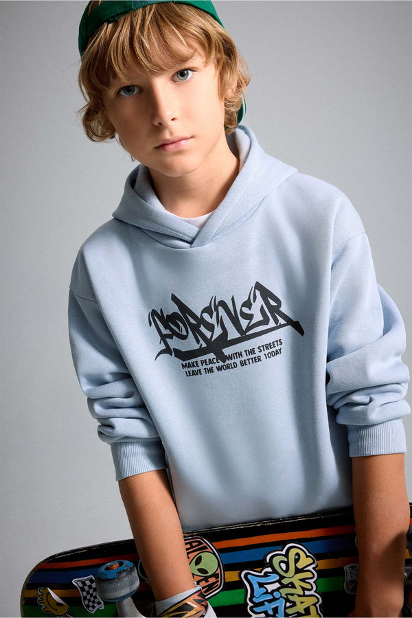 Oversize Hooded Front Printed Soft Down Sweatshirt Boys