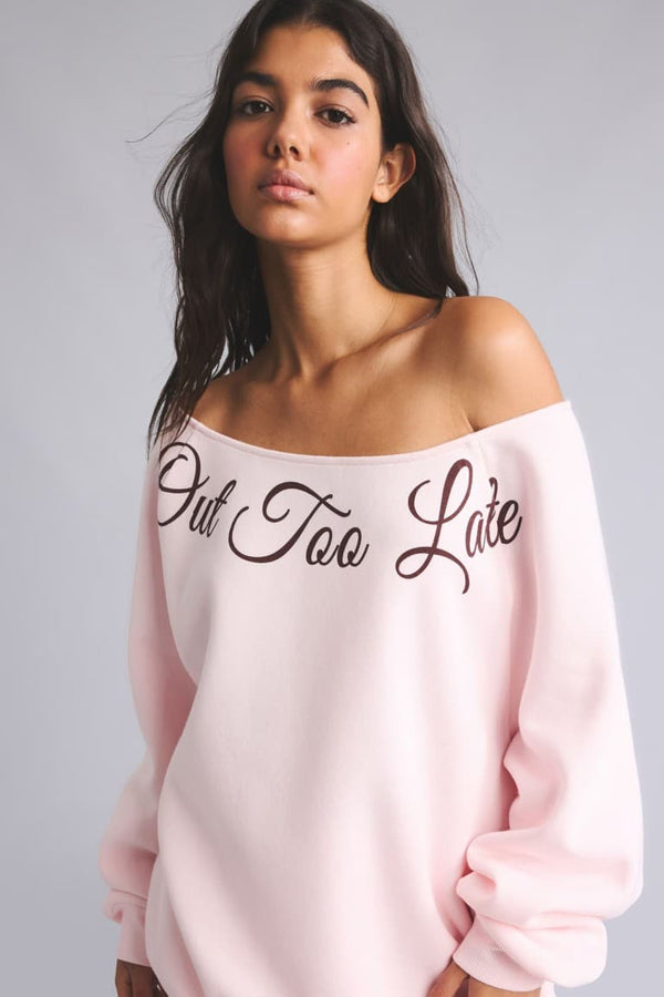 Oversize Cut-Out Boat Neck Printed Sweatshirt