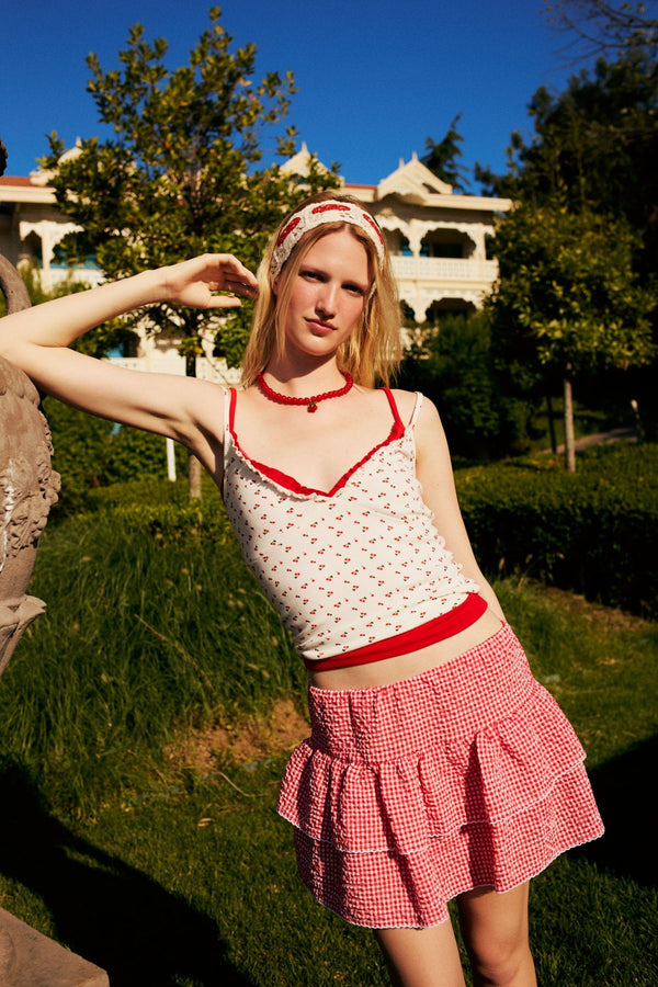 Fitted Cherry Printed Ruffled Collar Ribbed White Tank Top