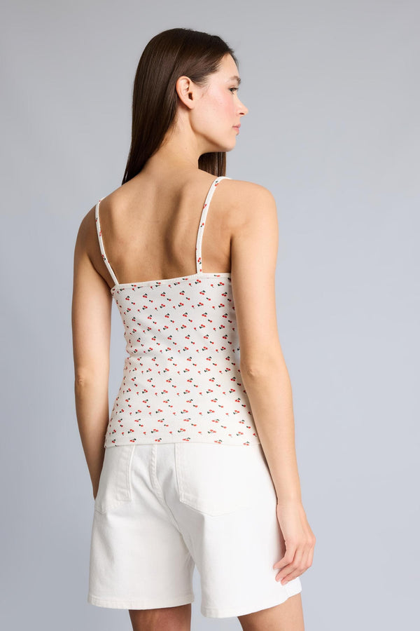 Fitted Cherry Printed Ruffled Collar Ribbed White Tank Top