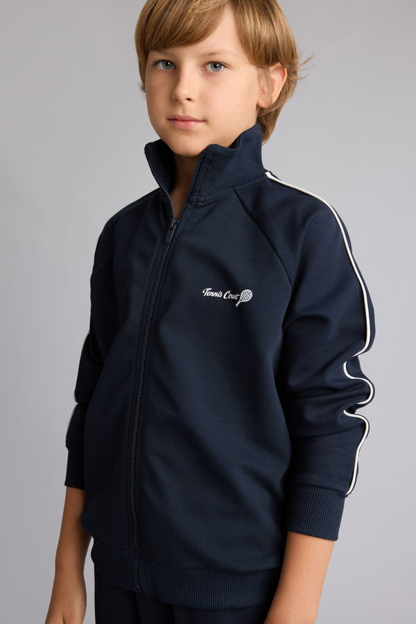 Cotton Printed Stand-Up Collar Zippered Navy Blue Cardigan Boy
