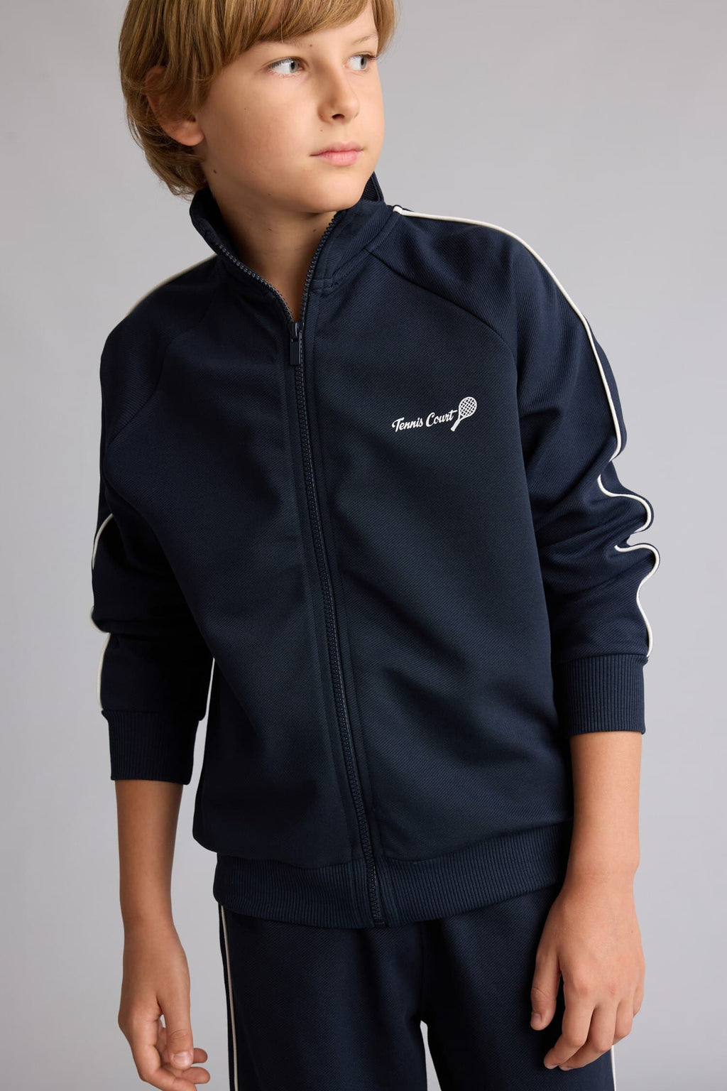 Cotton Printed Stand-Up Collar Zippered Navy Blue Cardigan Boy