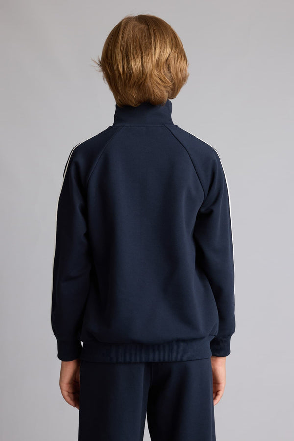 Cotton Printed Stand-Up Collar Zippered Navy Blue Cardigan Boy