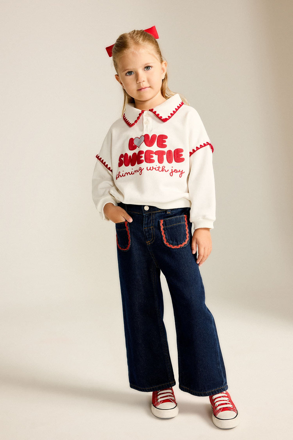 100% Cotton Culotte Stripe Border Detailed Jean Pants with Pockets Baby Girl