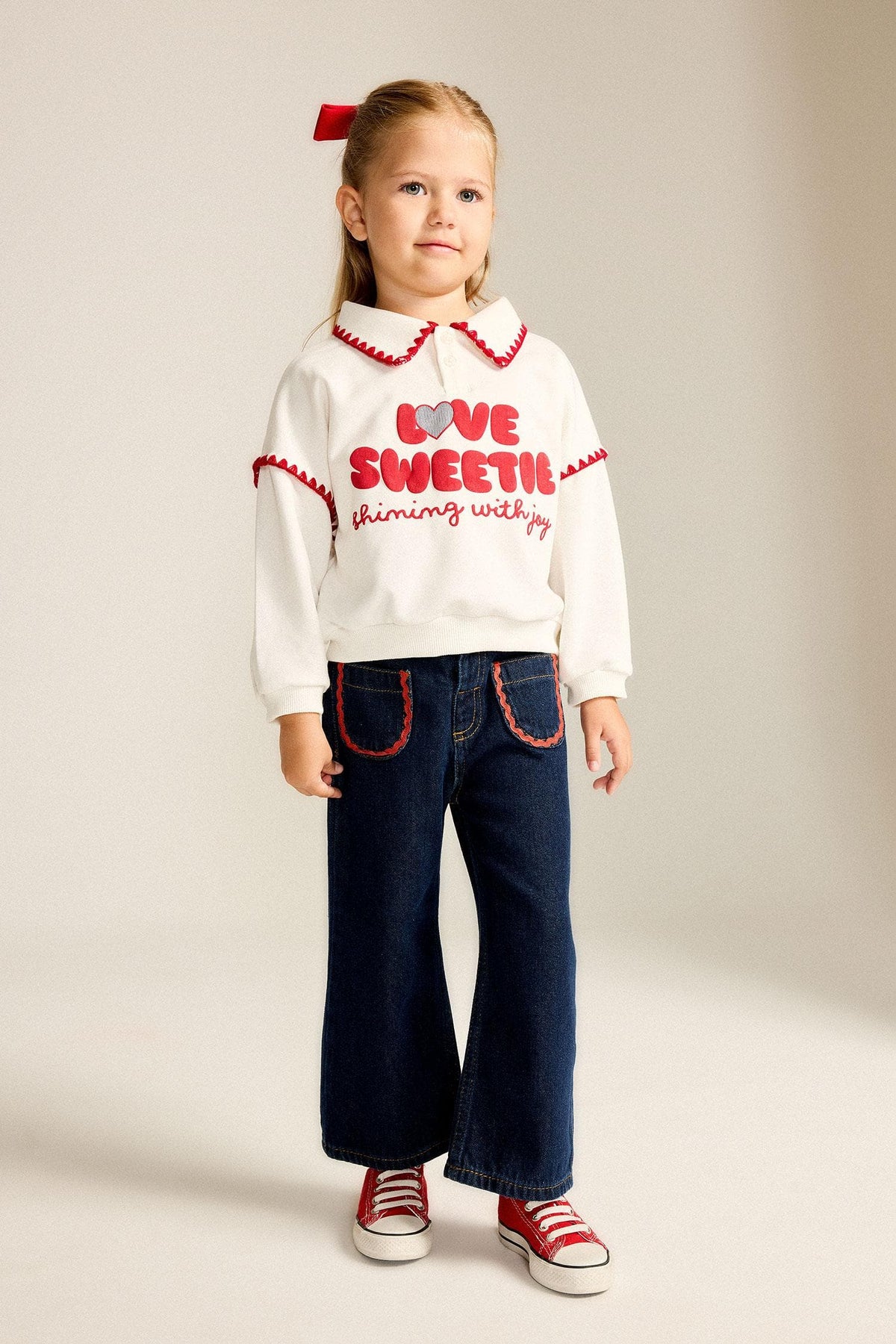 100% Cotton Culotte Stripe Border Detailed Jean Pants with Pockets Baby Girl