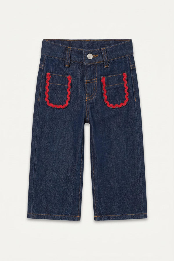 100% Cotton Culotte Stripe Border Detailed Jean Pants with Pockets Baby Girl