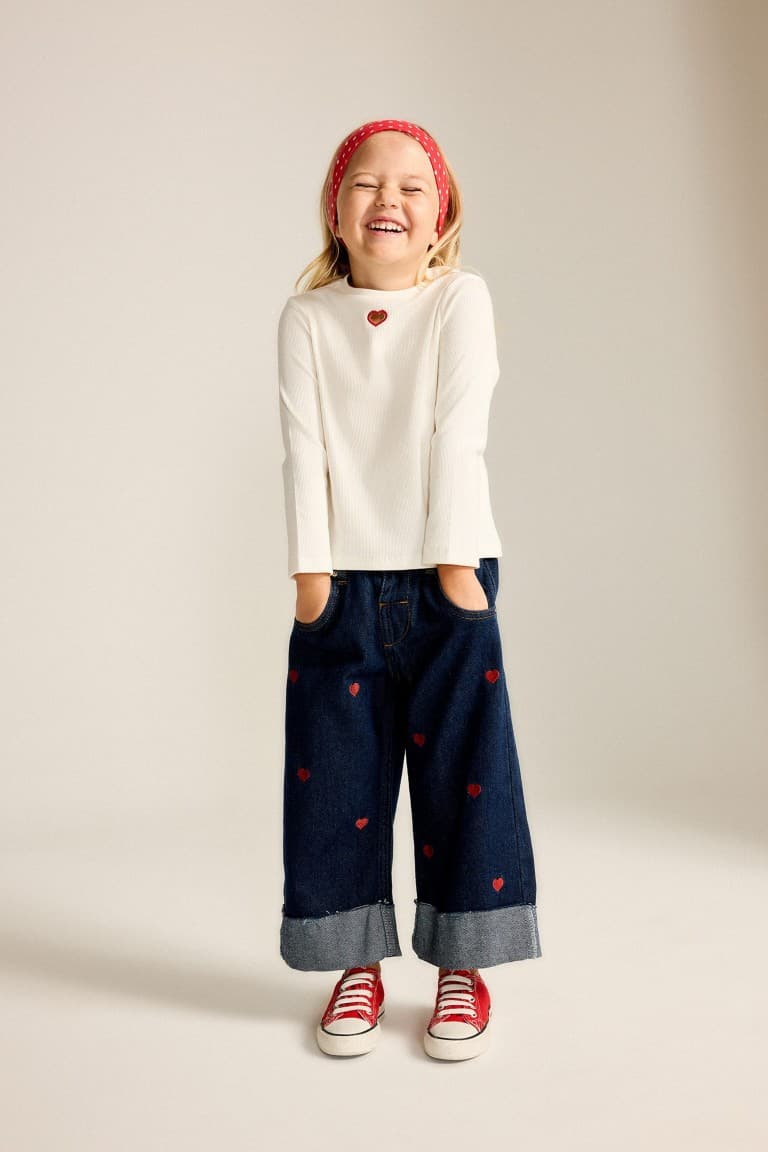 100% Cotton Wide Leg Heart Embroidered Double Leg Jean Pants Baby Girl Main image