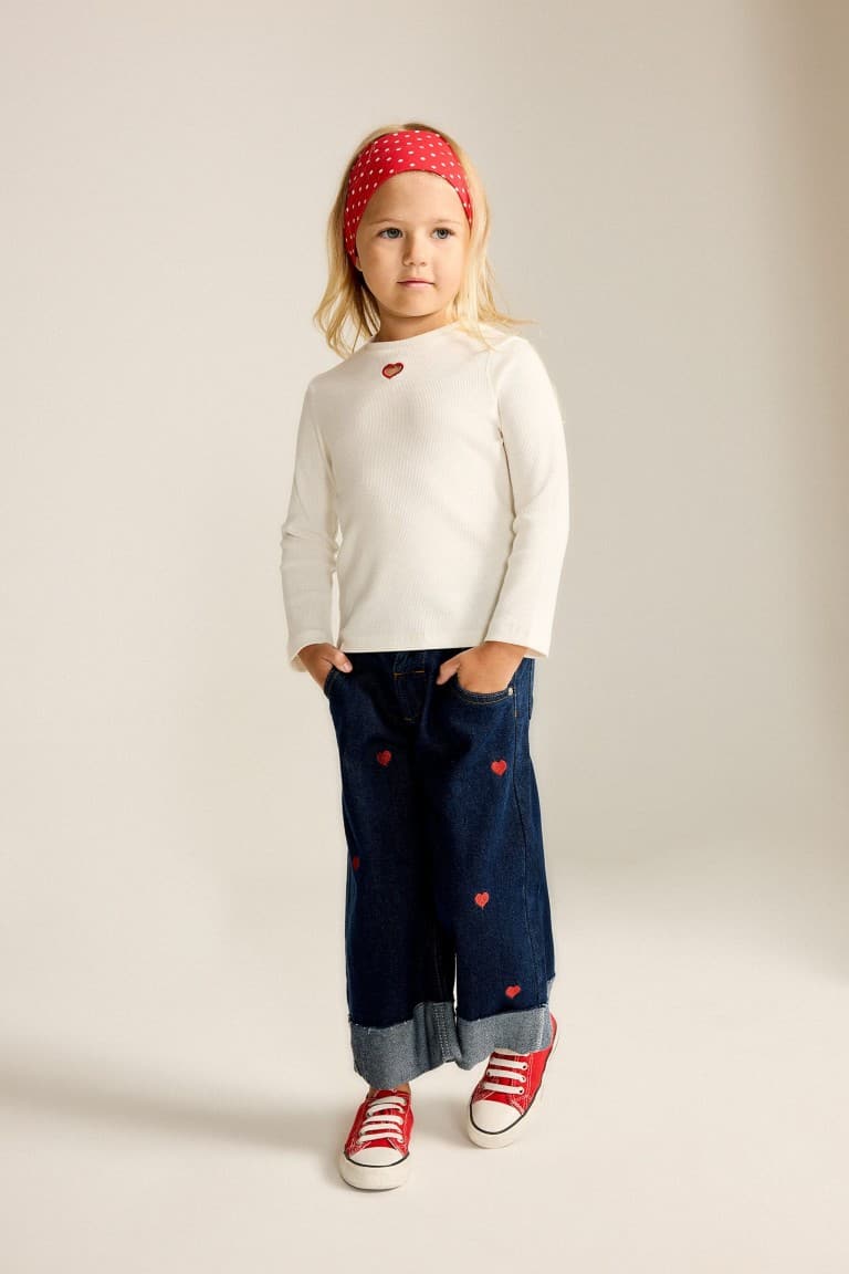 100% Cotton Wide Leg Heart Embroidered Double Leg Jean Pants Baby Girl