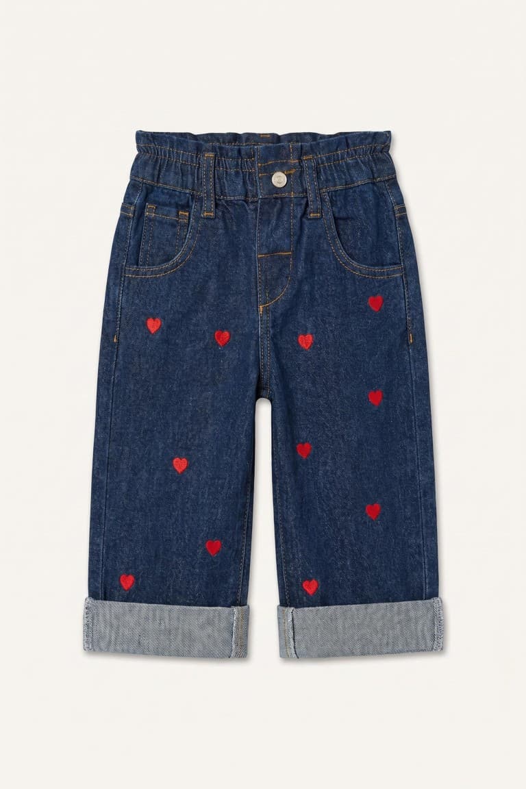 100% Cotton Wide Leg Heart Embroidered Double Leg Jean Pants Baby Girl