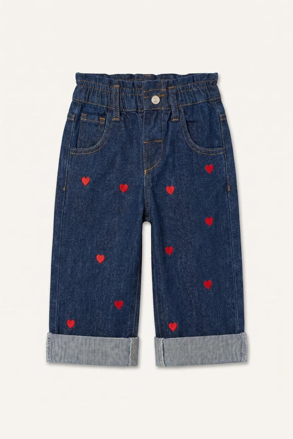 100% Cotton Wide Leg Heart Embroidered Double Leg Jean Pants Baby Girl