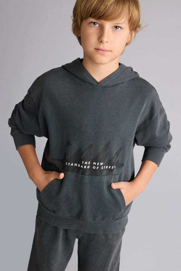 Overless Hooded Kangaroo Pocket Wash Effect Sweatshirt Boy