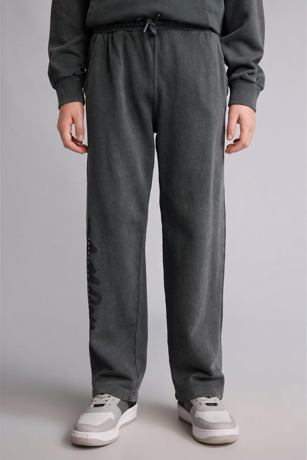 Loose Fit Wash Effect Cotton Printed Gray Sweatpants Boys