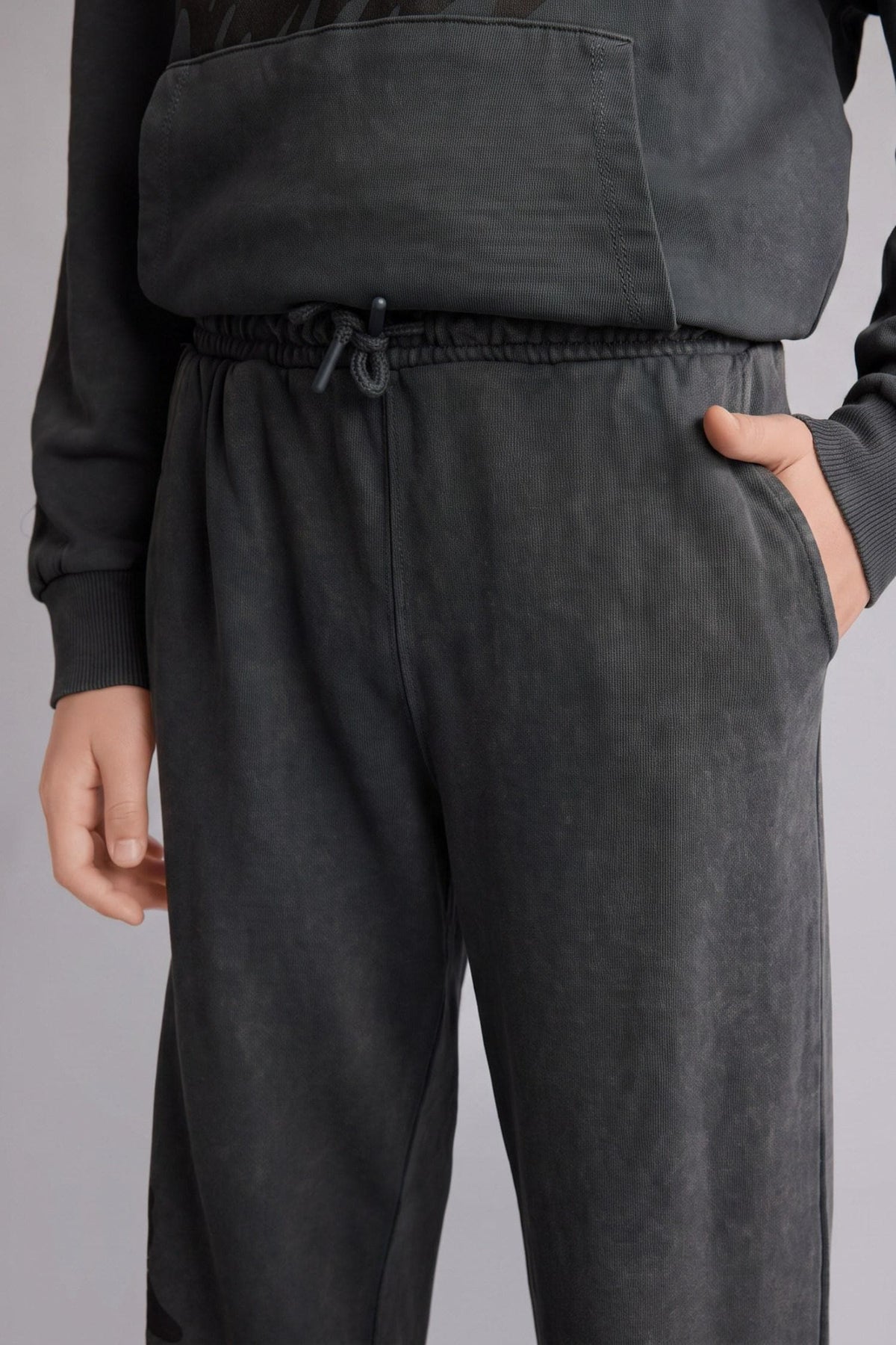 Loose Fit Wash Effect Cotton Printed Gray Sweatpants Boys